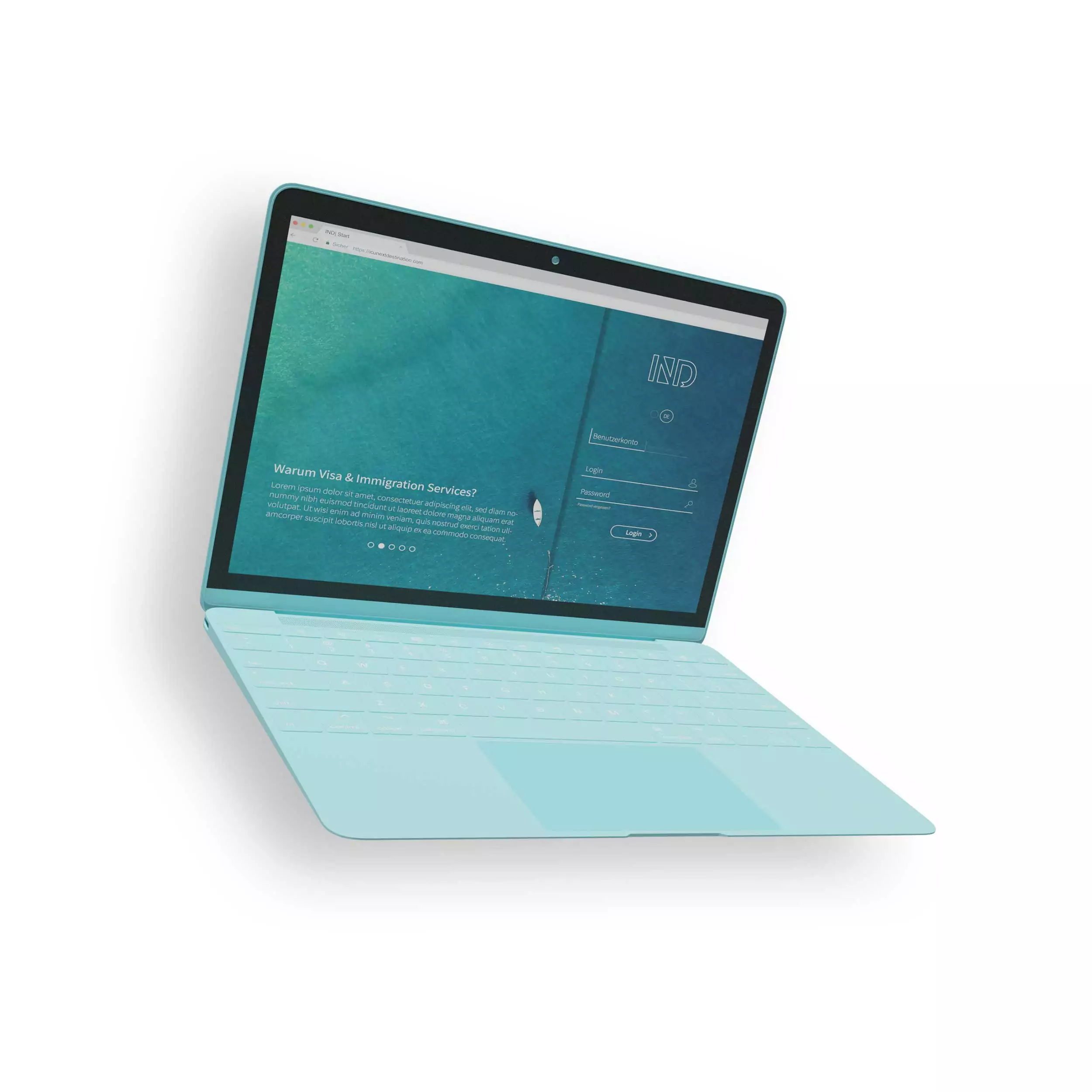 Turquoise laptop with IND homepage